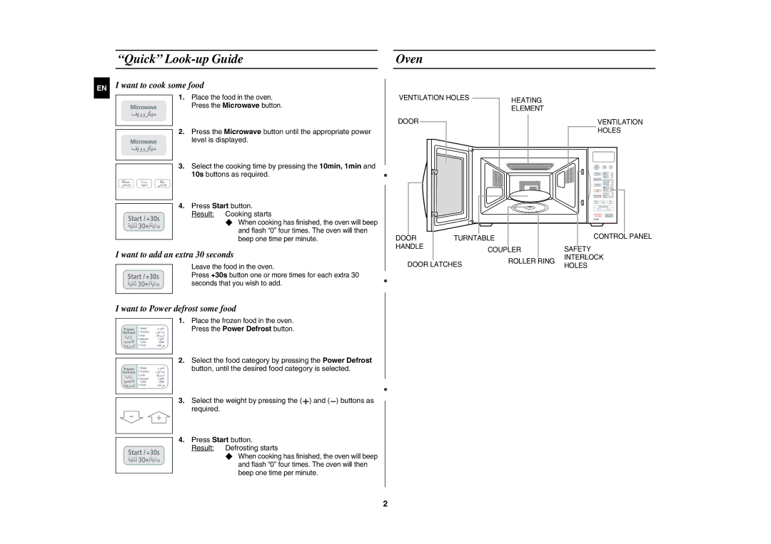 Samsung CE1031/ZAM Quick Look-up Guide Oven, Level is displayed, Place the food in the oven, Press the Microwave button 