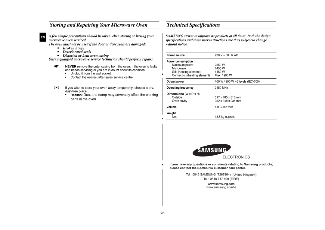 Samsung CE1031/ZAM, CE1031/XSG manual Dimensions W x D x H 