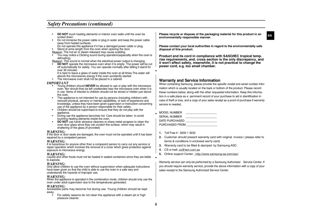 Samsung CE1031/XSG, CE1031/ZAM manual Warranty and Service Information, Environmentally responsible manner 