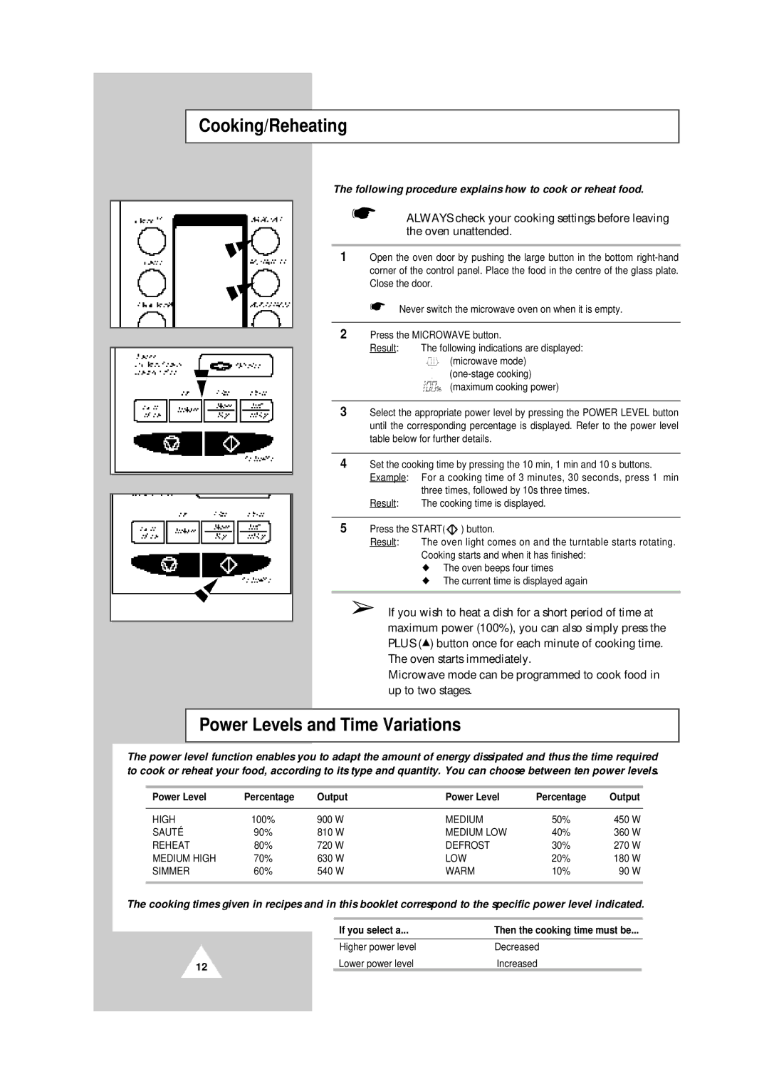 Samsung CE104CF/XEH Cooking/Reheating, Power Levels and Time Variations, Power Level Percentage Output, If you select a 