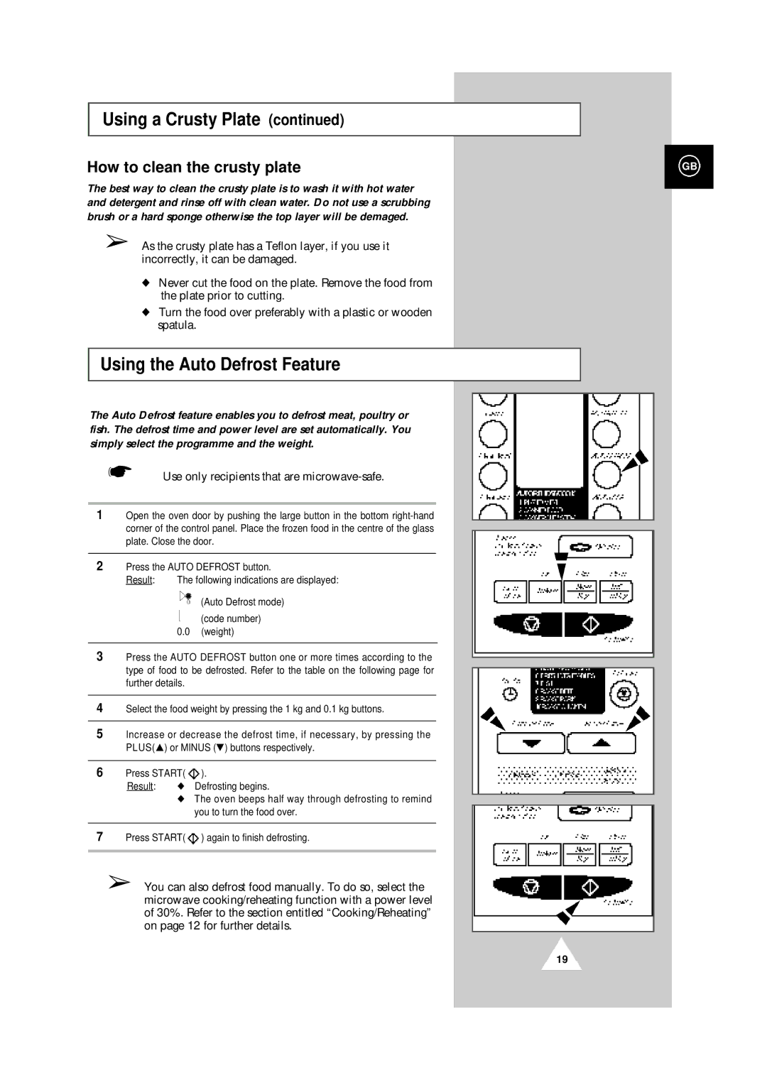 Samsung CE104CF/XEH manual Using the Auto Defrost Feature, How to clean the crusty plate 