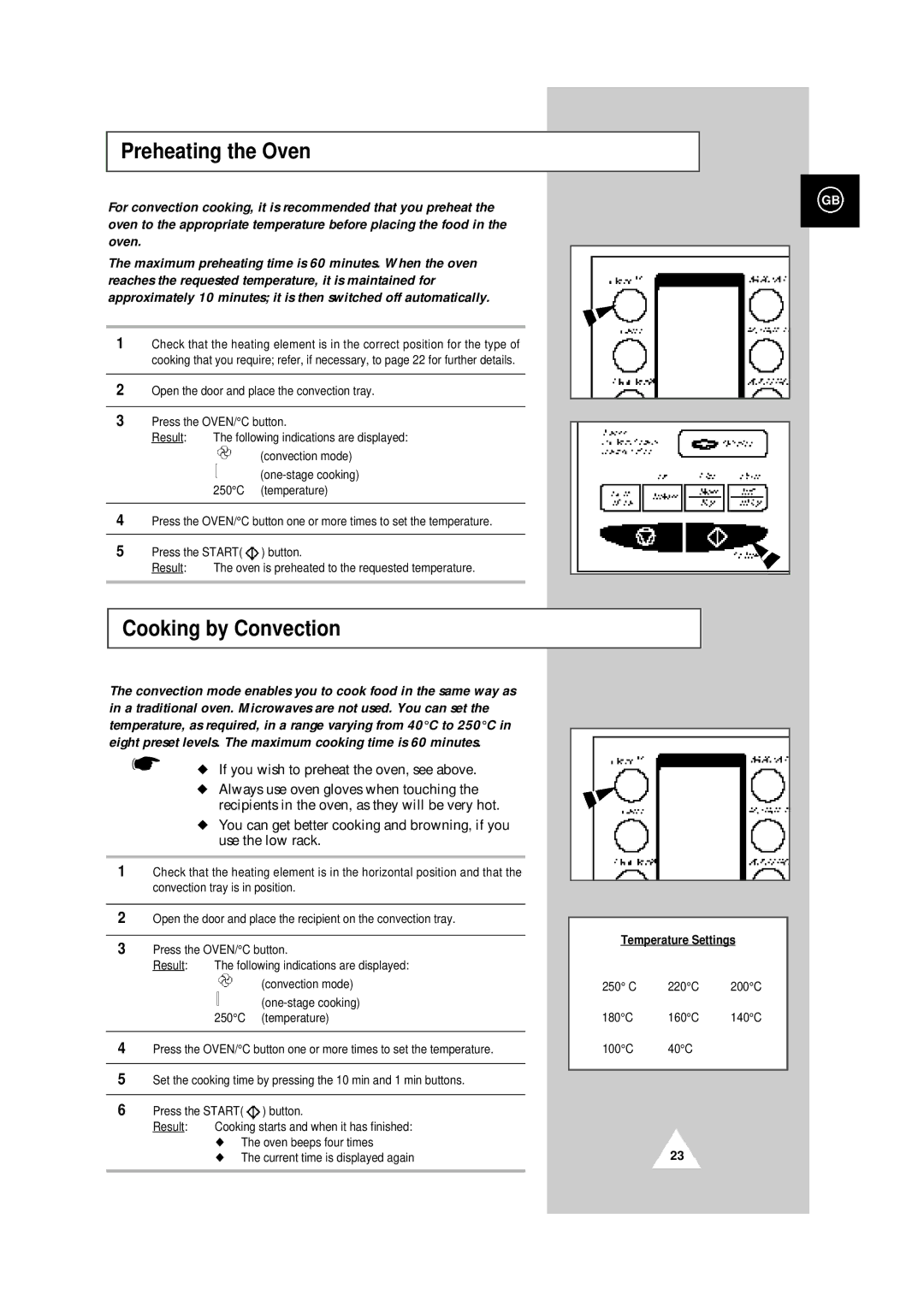 Samsung CE104CF/XEH manual Preheating the Oven, Cooking by Convection, Temperature Settings 