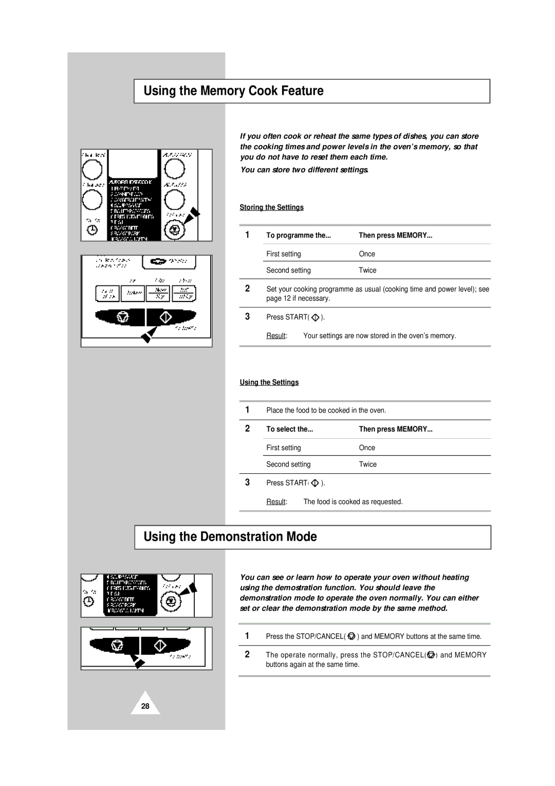 Samsung CE104CF/XEH manual Using the Memory Cook Feature, Using the Demonstration Mode, Using the Settings 