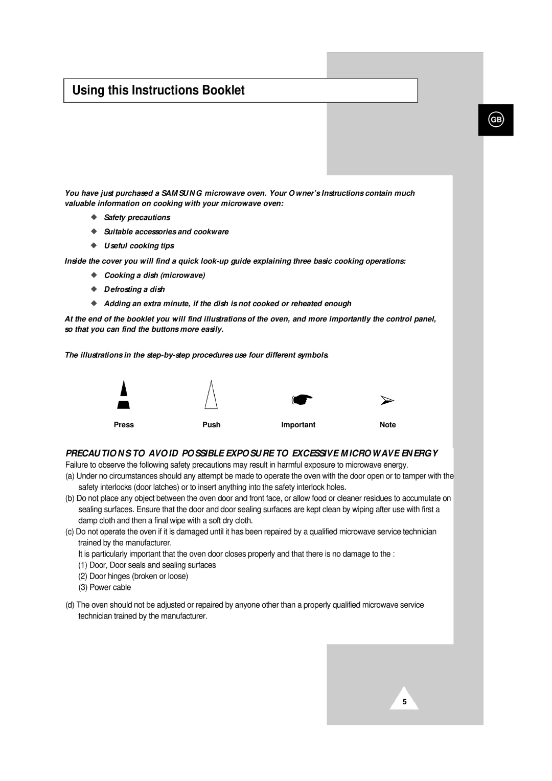 Samsung CE104CF/XEH manual Using this Instructions Booklet, Press Push 