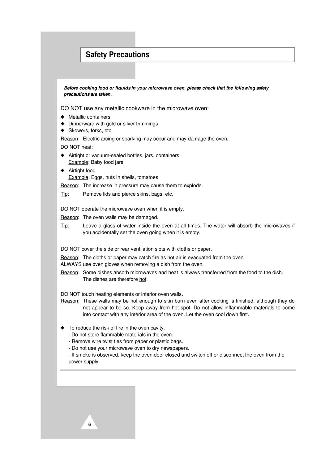 Samsung CE104CF/XEH manual Safety Precautions, Do not use any metallic cookware in the microwave oven 