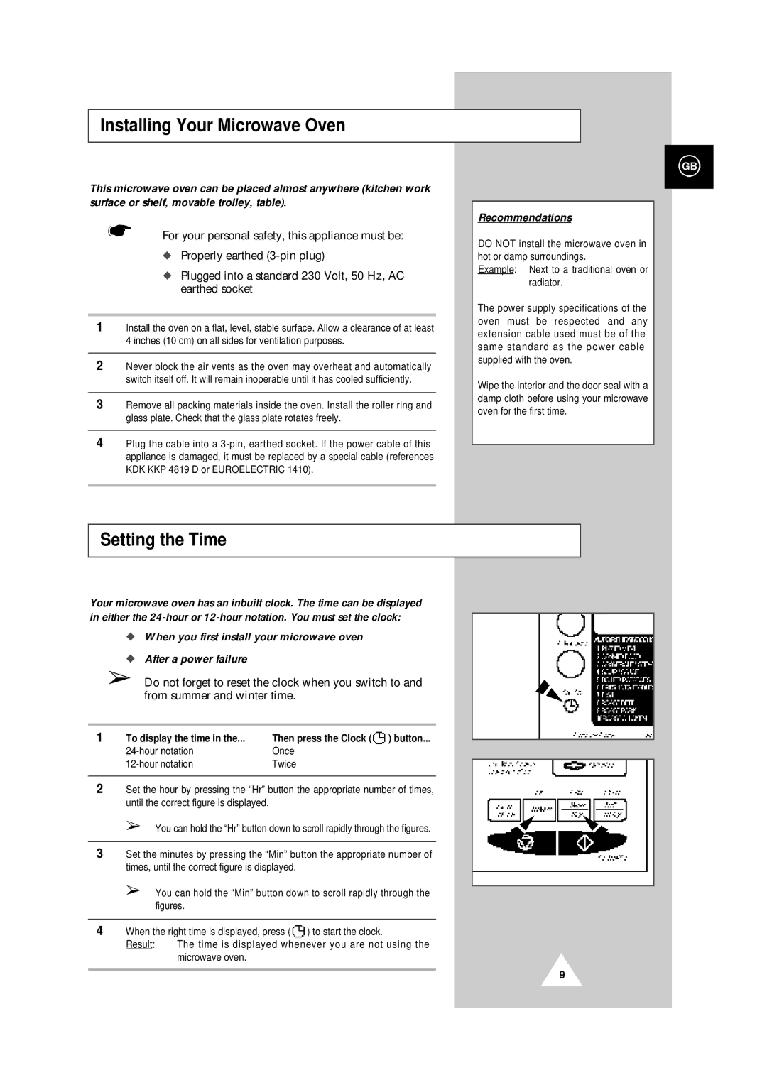 Samsung CE104CF/XEH manual Installing Your Microwave Oven, Setting the Time, To display the time 