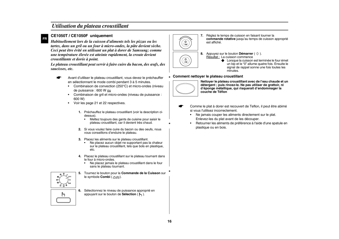 Samsung CE1050/XEF, CE1050-S/XEF manual Utilisation du plateau croustillant, CE1050T / CE1050F uniquement 