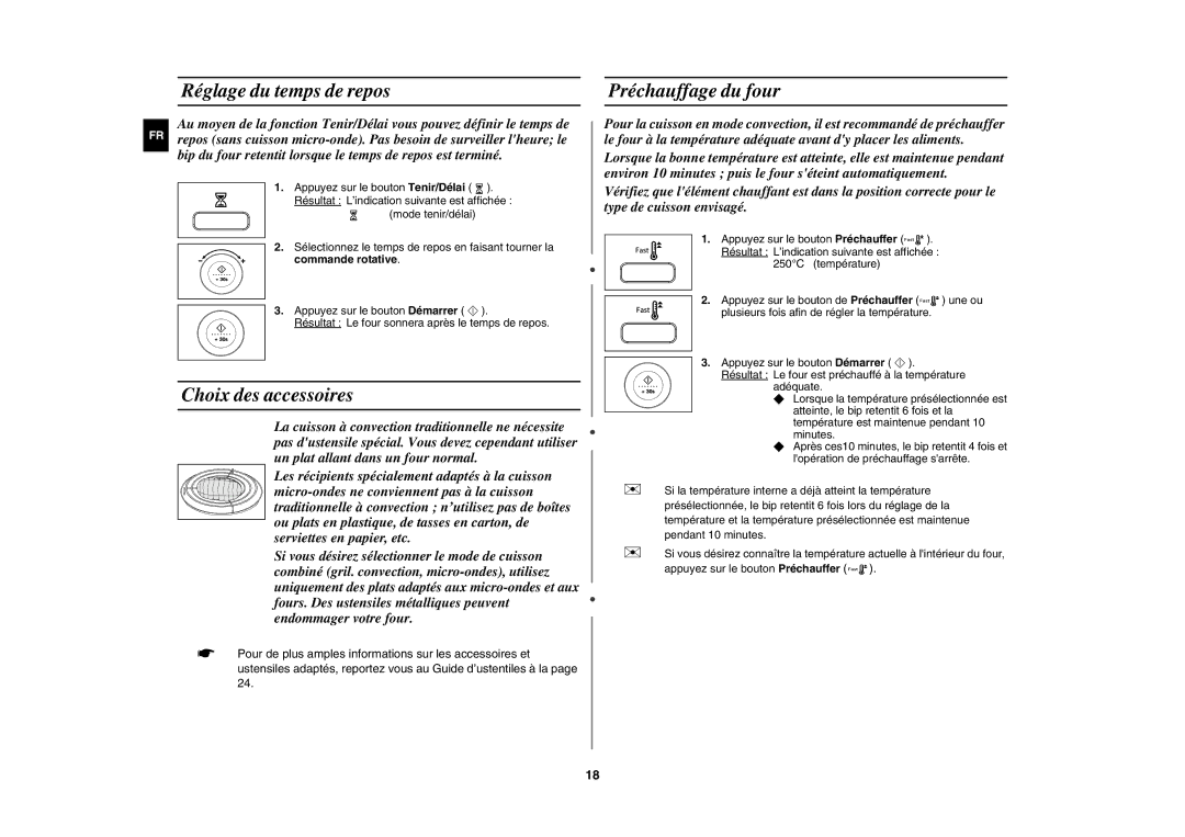 Samsung CE1050/XEF, CE1050-S/XEF manual Réglage du temps de repos, Préchauffage du four, Choix des accessoires 