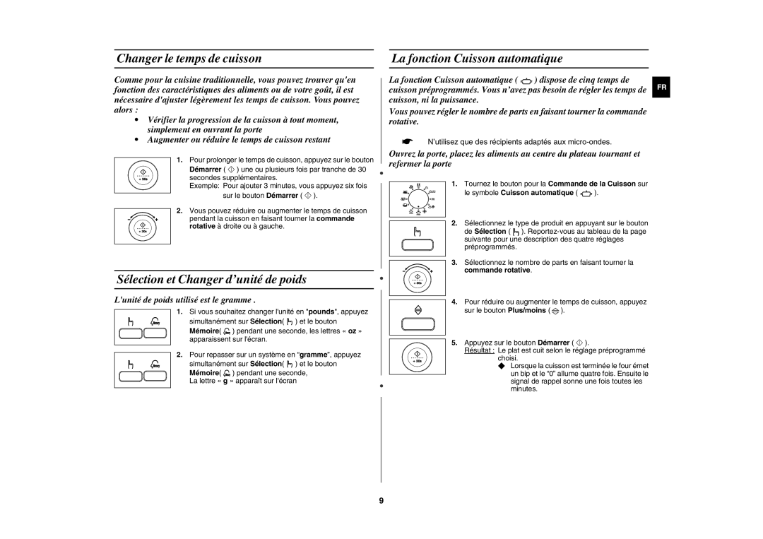 Samsung CE1050-S/XEF Changer le temps de cuisson, Sélection et Changer d’unité de poids, La fonction Cuisson automatique 