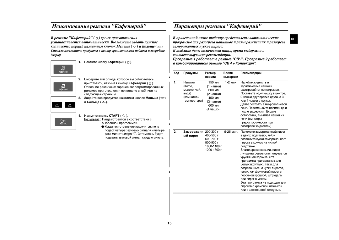 Samsung CE1051R/BWT, CE1051R-TS/BWT Использование режима Кафетерий Параметры режима Кафетерий, Мин, Чашка, Чашки, Ый пирог 