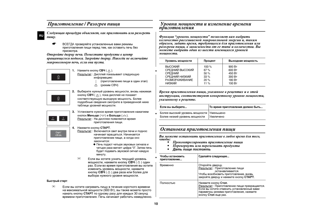 Samsung CE1051R-TS/BWT, CE1051R/BWT manual Приготовление / Разогрев пищи, Уровни мощности и изменение времени приготовления 