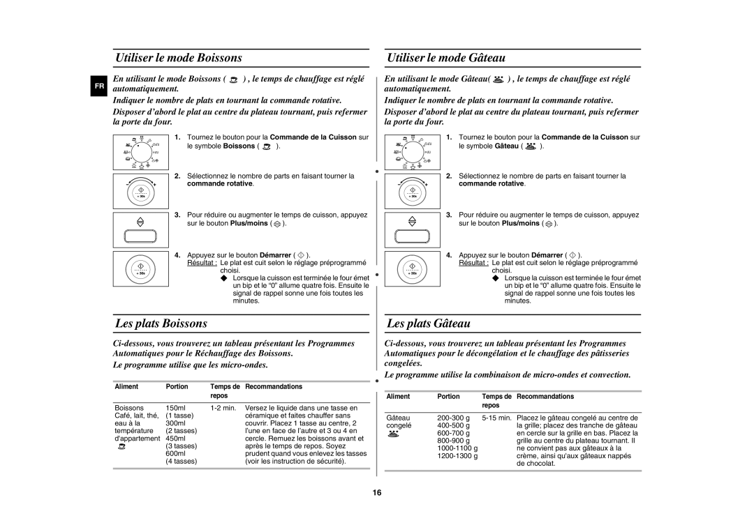 Samsung CE1052AT-S/XEF manual Utiliser le mode Boissons, Les plats Boissons, Utiliser le mode Gâteau, Les plats Gâteau 