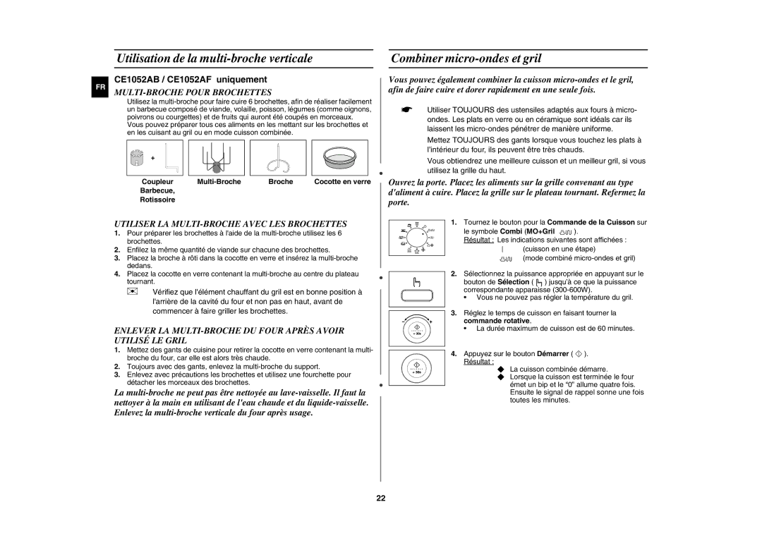 Samsung CE1052AT-S/XEF, CE1052AT/XEF manual Utilisation de la multi-broche verticale, Combiner micro-ondes et gril 