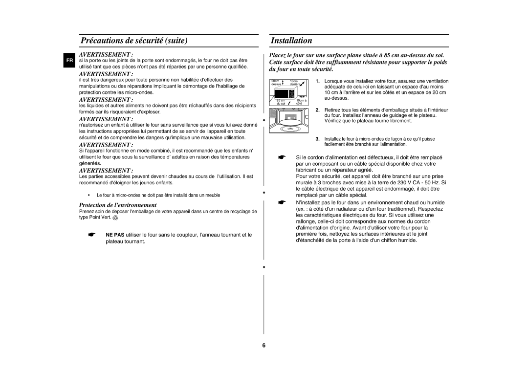 Samsung CE1052AT-S/XEF, CE1052AT/XEF manual Précautions de sécurité suite, Installation, Avertissement 