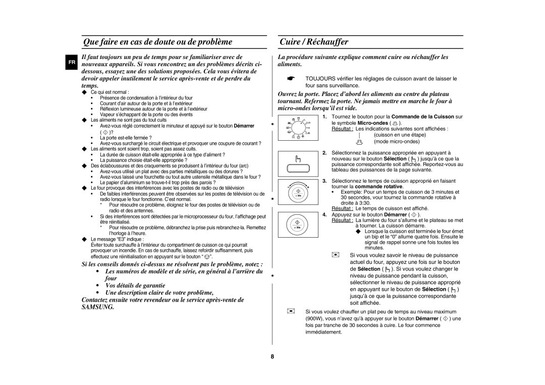 Samsung CE1052AT-S/XEF, CE1052AT/XEF manual Que faire en cas de doute ou de problème, Cuire / Réchauffer, Samsung 