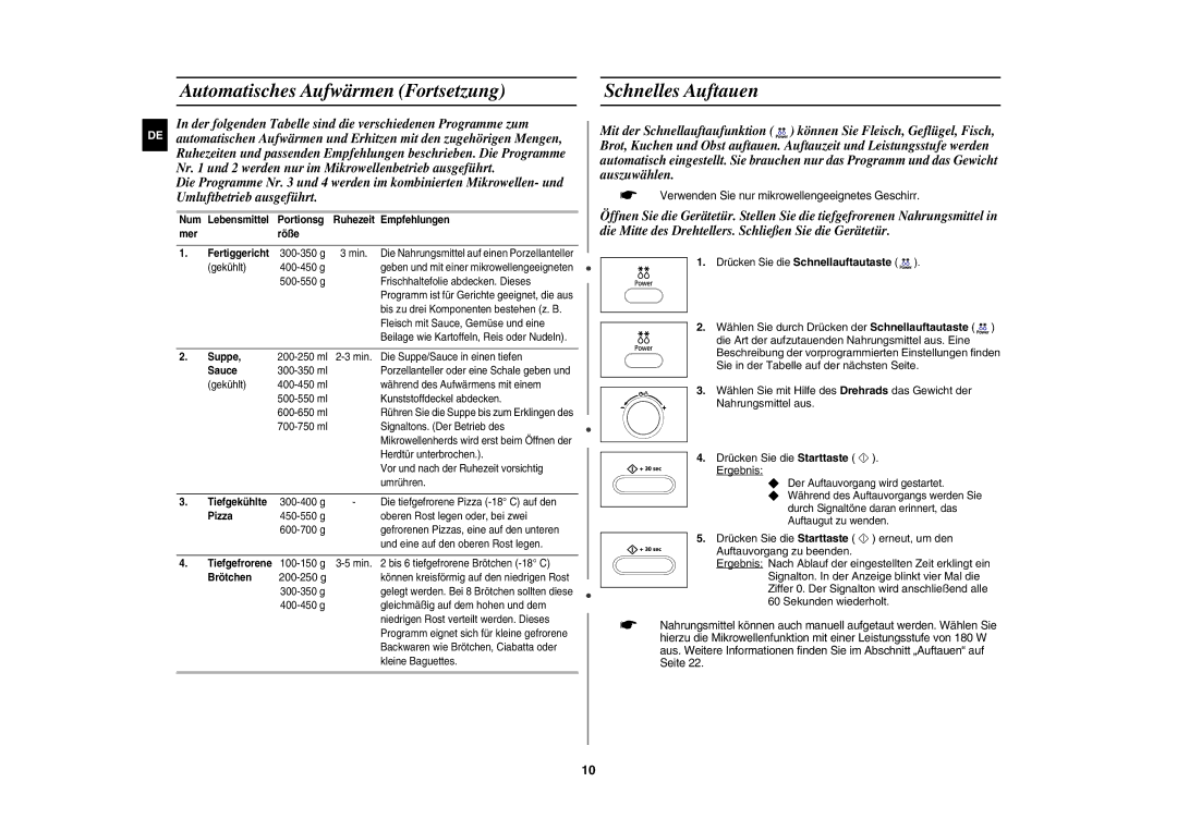 Samsung CE106B-S/XEG manual Automatisches Aufwärmen Fortsetzung, Schnelles Auftauen 