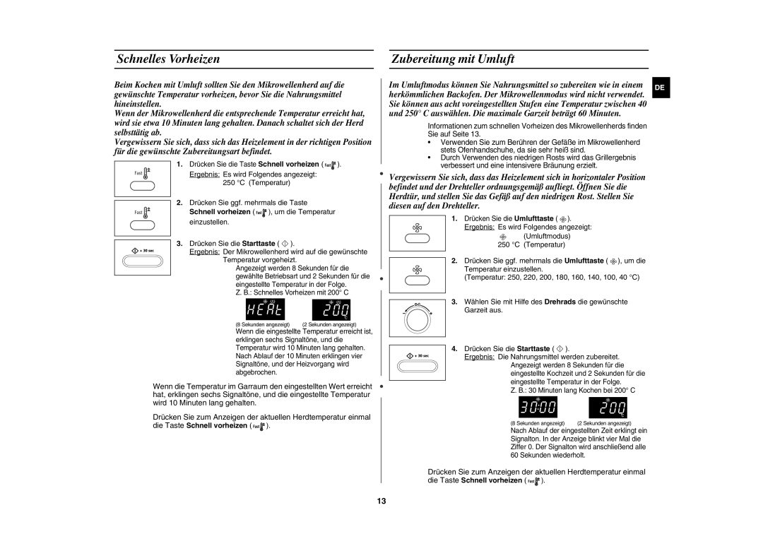 Samsung CE106B-S/XEG manual Schnelles Vorheizen Zubereitung mit Umluft, Schnell vorheizen , um die Temperatur einzustellen 