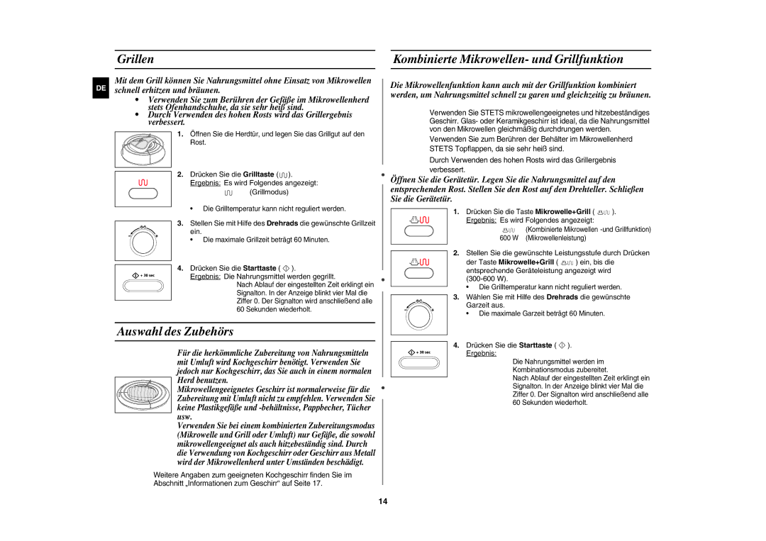 Samsung CE106B-S/XEG manual Grillen, Auswahl des Zubehörs, Kombinierte Mikrowellen- und Grillfunktion 