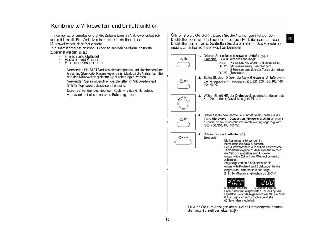 Samsung CE106B-S/XEG manual Kombinierte Mikrowellen- und Umluftfunktion, Sekunden wiederholt 