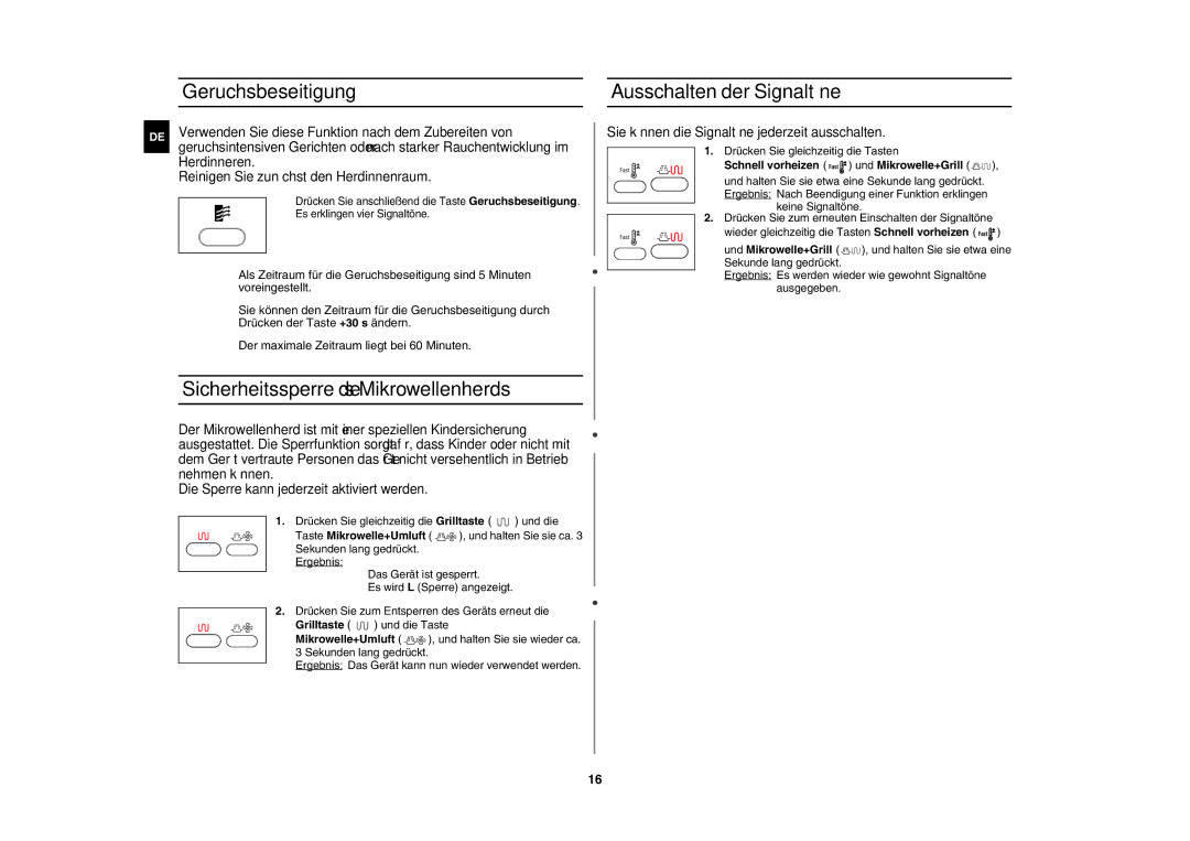 Samsung CE106B-S/XEG Geruchsbeseitigung Ausschalten der Signaltöne, Sicherheitssperre des Mikrowellenherds, Grilltaste 