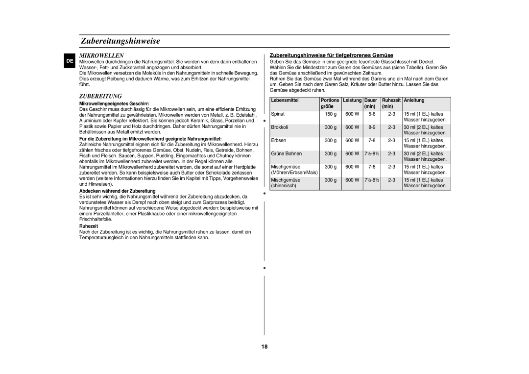 Samsung CE106B-S/XEG manual Mikrowellen, Zubereitungshinweise für tiefgefrorenes Gemüse 