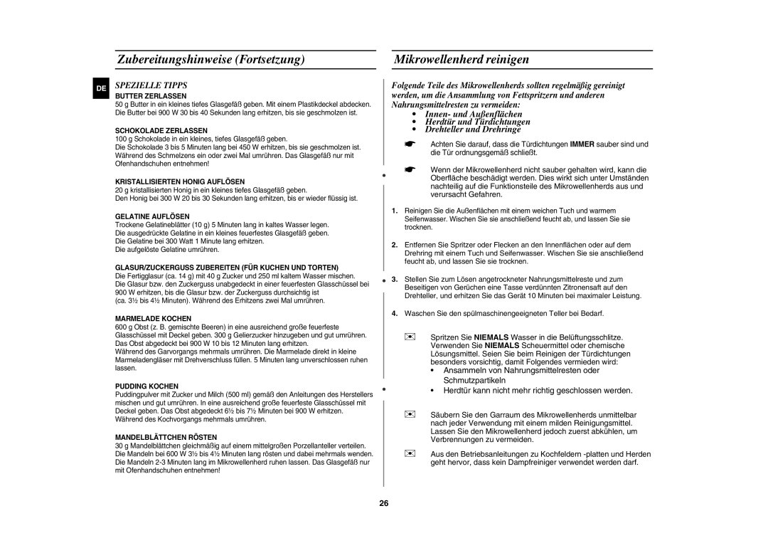 Samsung CE106B-S/XEG manual Zubereitungshinweise Fortsetzung Mikrowellenherd reinigen, Spezielle Tipps 