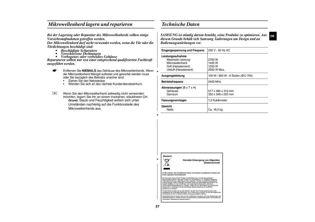 Samsung CE106B-S/XEG manual Mikrowellenherd lagern und reparieren Technische Daten, Abmessungen B x T x H 