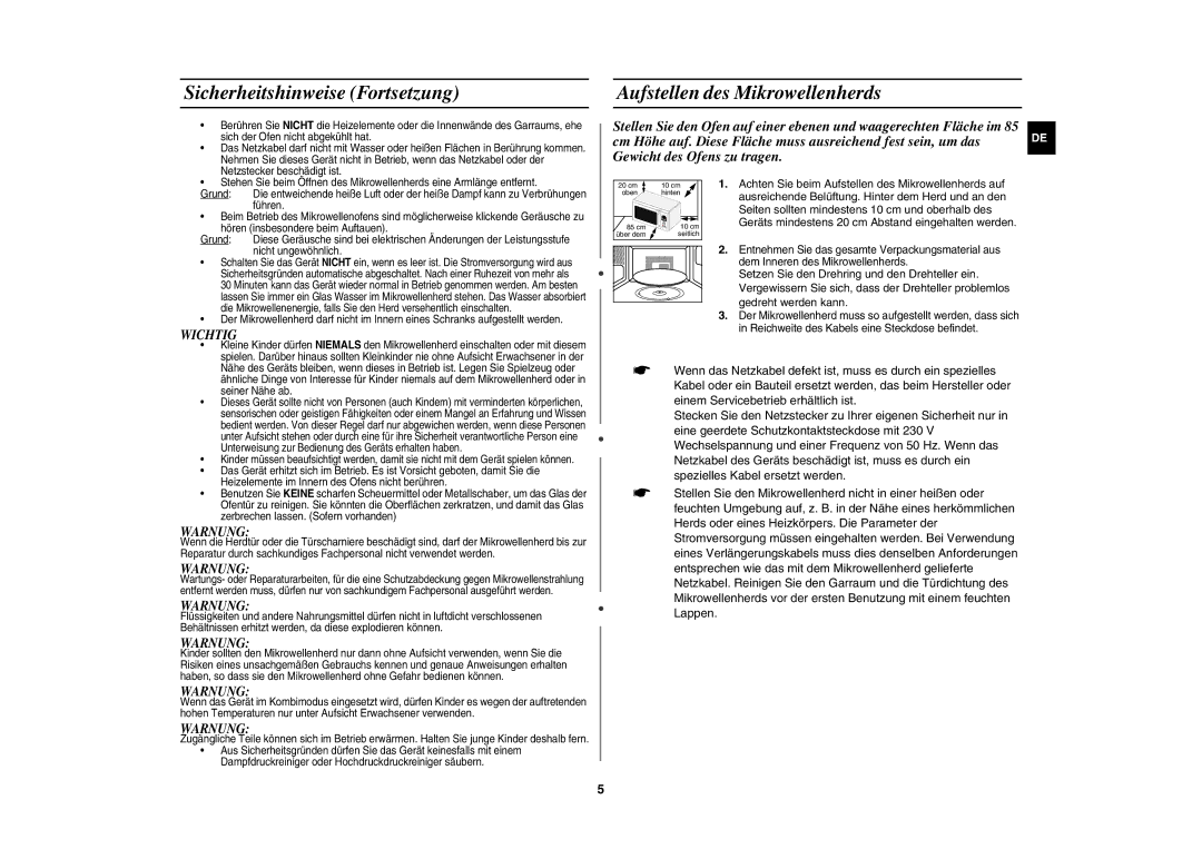 Samsung CE106B-S/XEG manual Sicherheitshinweise Fortsetzung, Aufstellen des Mikrowellenherds 