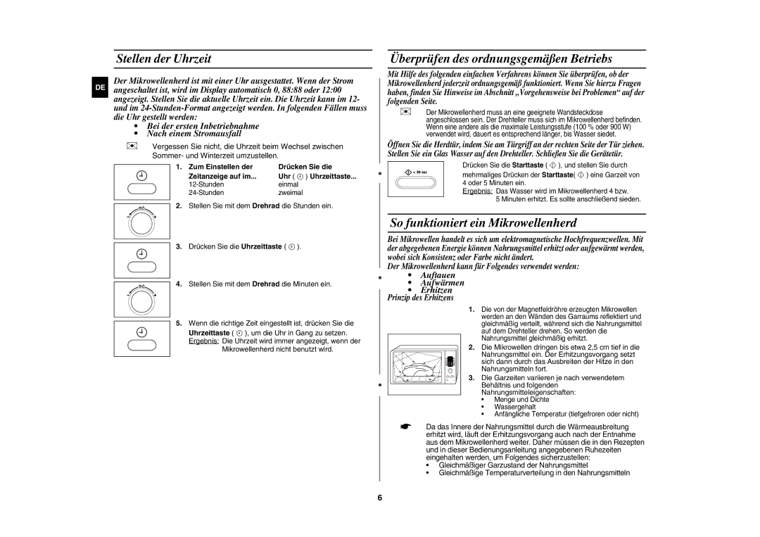 Samsung CE106B-S/XEG Stellen der Uhrzeit, Überprüfen des ordnungsgemäßen Betriebs, So funktioniert ein Mikrowellenherd 