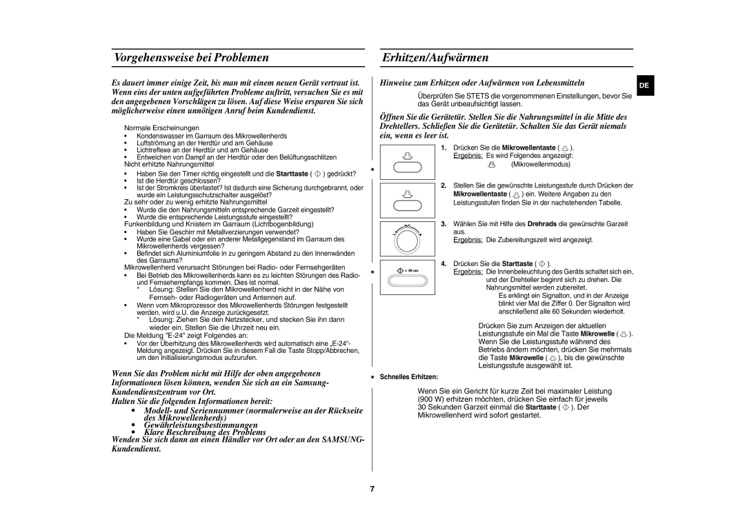 Samsung CE106B-S/XEG manual Vorgehensweise bei Problemen, Erhitzen/Aufwärmen 