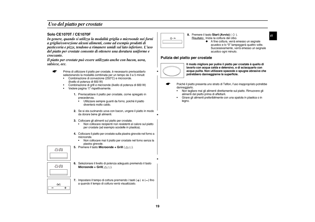 Samsung CE1070T-S/XET manual Uso del piatto per crostate, Risultato Inizia la cottura del cibo, Microonde + Grill 
