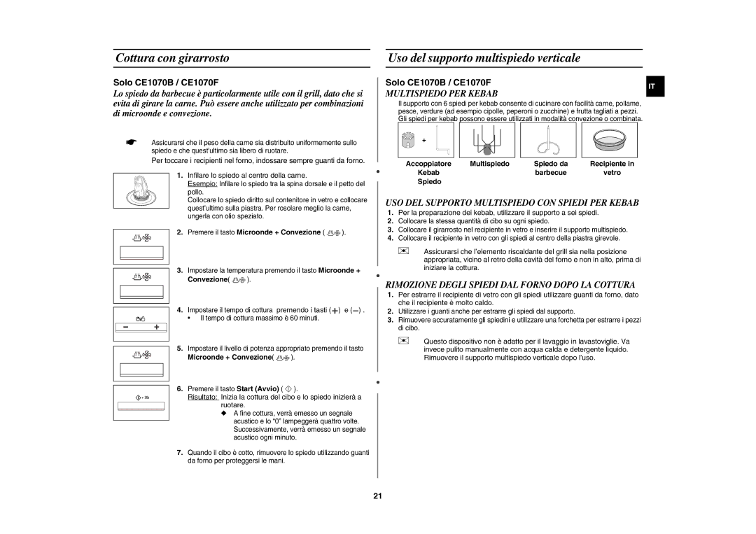Samsung CE1070T-S/XET manual Multispiedo PER Kebab, USO DEL Supporto Multispiedo CON Spiedi PER Kebab 