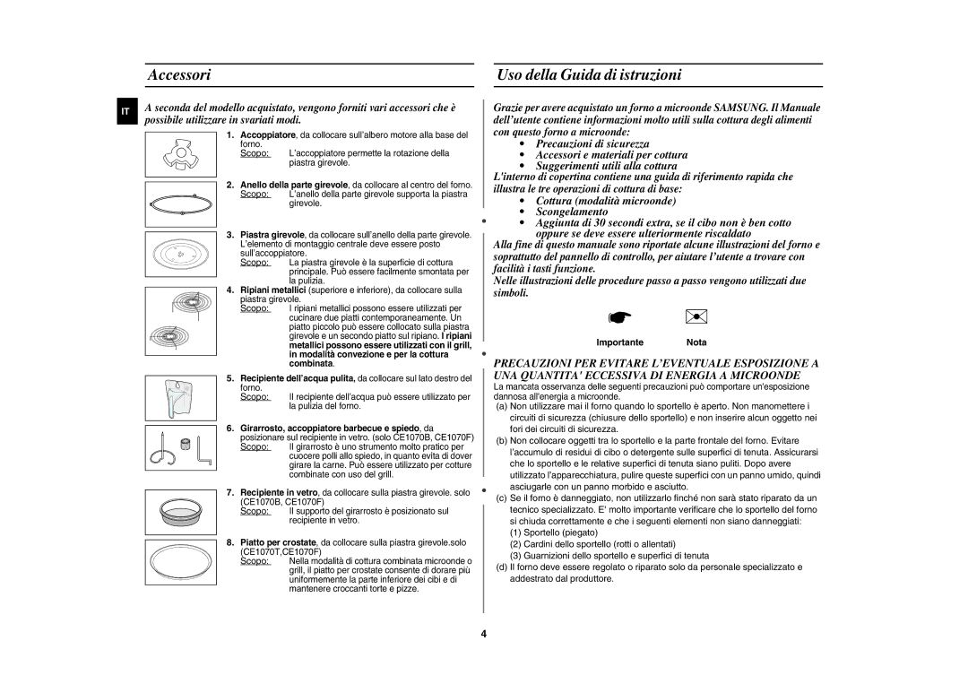 Samsung CE1070T-TS/XET manual Accessori Uso della Guida di istruzioni, Scopo, Importante Nota 