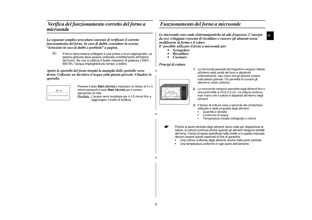 Samsung CE1070T-TS/XET Verifica del funzionamento corretto del forno a microonde, Funzionamento del forno a microonde 