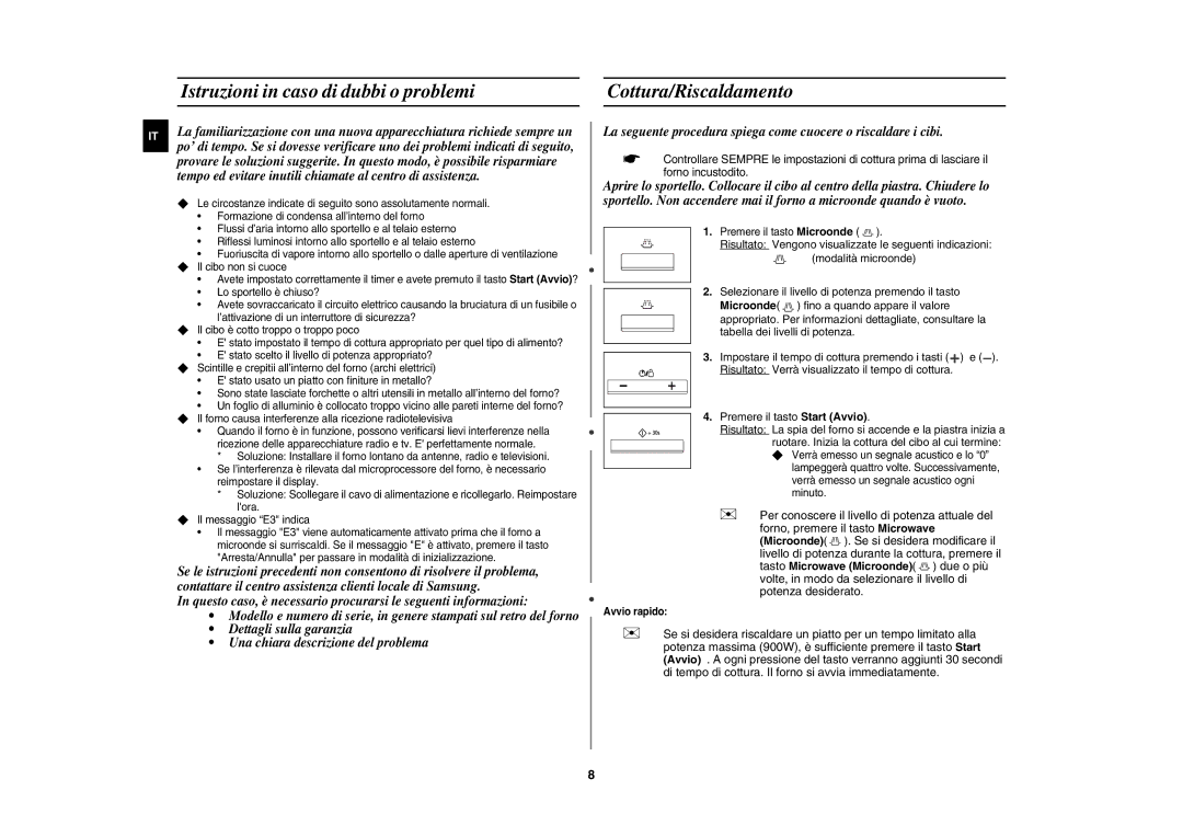 Samsung CE1070T-TS/XET manual Istruzioni in caso di dubbi o problemi Cottura/Riscaldamento, Avvio rapido 
