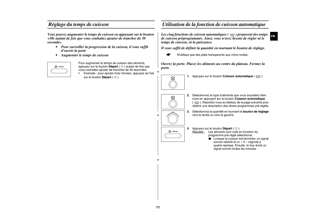 Samsung CE1071-S/XEF manual Réglage du temps de cuisson, Utilisation de la fonction de cuisson automatique 