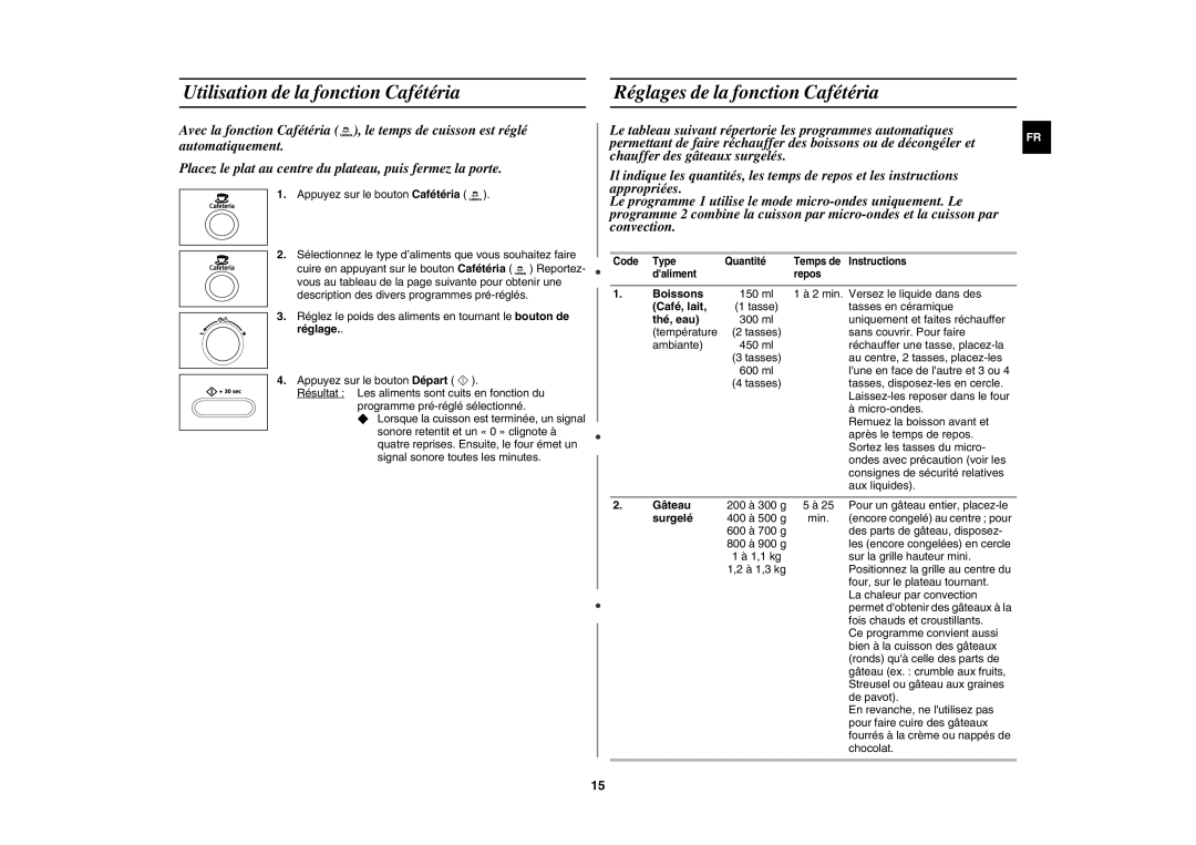 Samsung CE1071-S/XEF manual Boissons, Café, lait, Thé, eau, Gâteau, Surgelé 