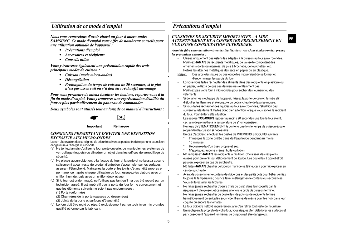 Samsung CE1071-S/XEF manual Utilisation de ce mode demploi, Précautions demploi, Important Remarque 