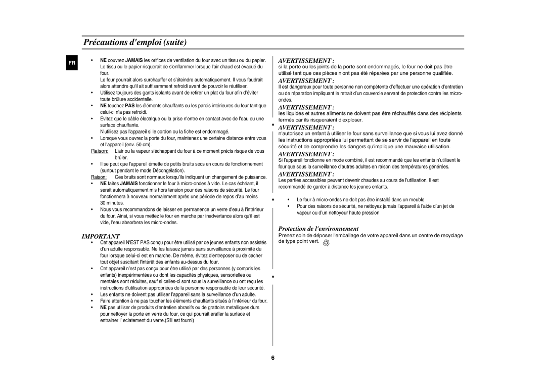 Samsung CE1071-S/XEF manual Précautions demploi suite, Avertissement, Protection de lenvironnement 