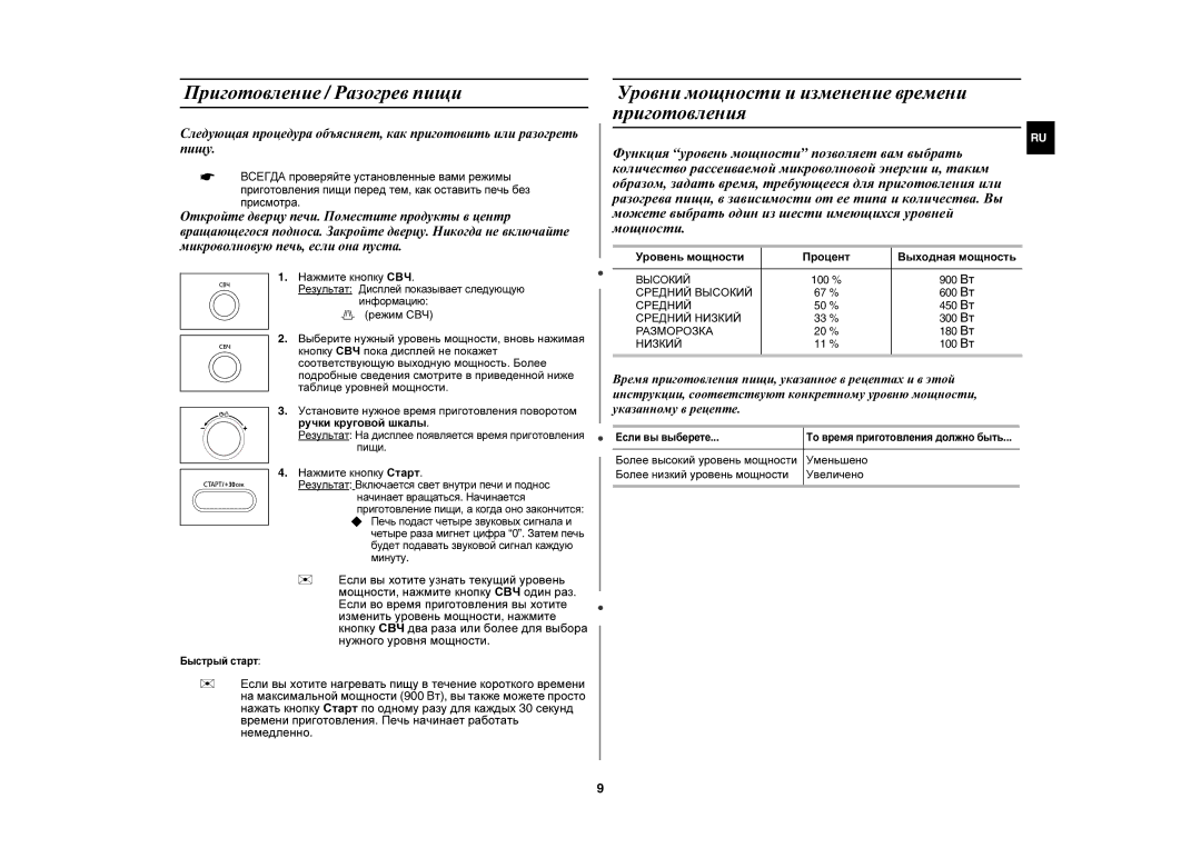 Samsung CE1071AR/SBW, CE1071AR/BWT manual Приготовление / Разогрев пищи, Уровни мощности и изменение времени приготовления 