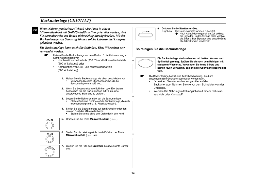 Samsung CE1071AT/XAG manual Backunterlage CE1071AT, Mikrowelle+Grill ein 