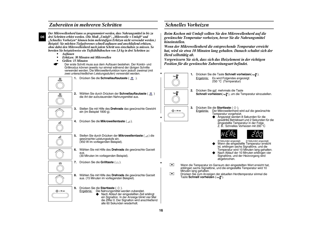 Samsung CE1071AT/XAG manual Zubereiten in mehreren Schritten, Schnelles Vorheizen 