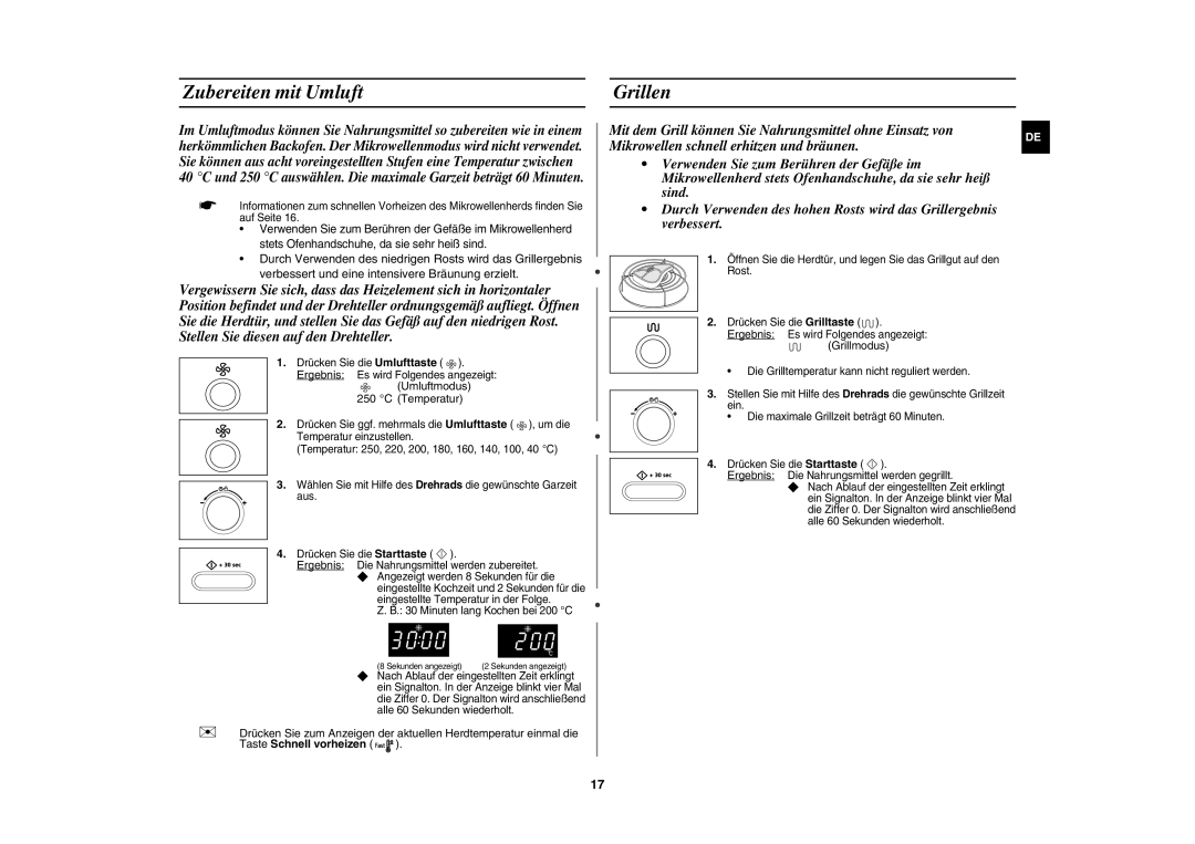 Samsung CE1071AT/XAG manual Zubereiten mit Umluft Grillen, Umluftmodus Temperatur 