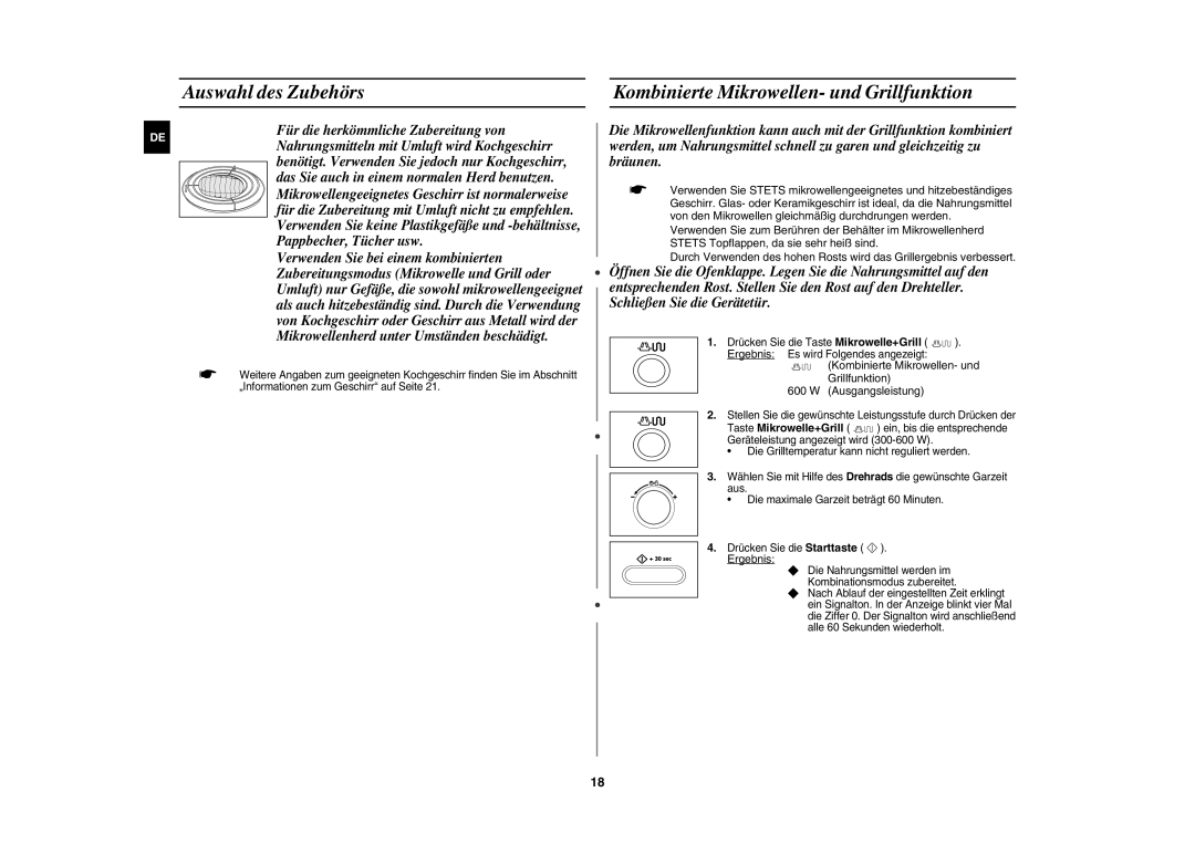 Samsung CE1071AT/XAG manual Auswahl des Zubehörs, Kombinierte Mikrowellen- und Grillfunktion 