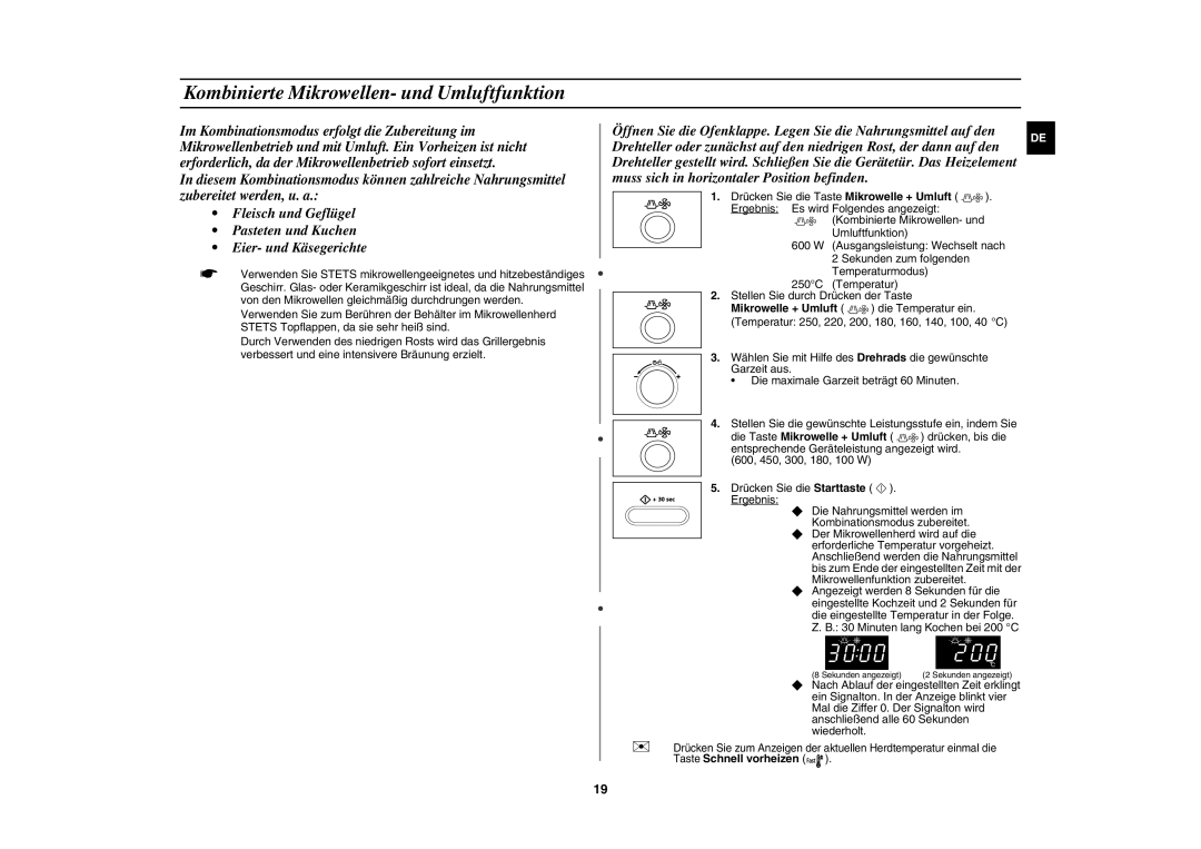 Samsung CE1071AT/XAG manual Kombinierte Mikrowellen- und Umluftfunktion 