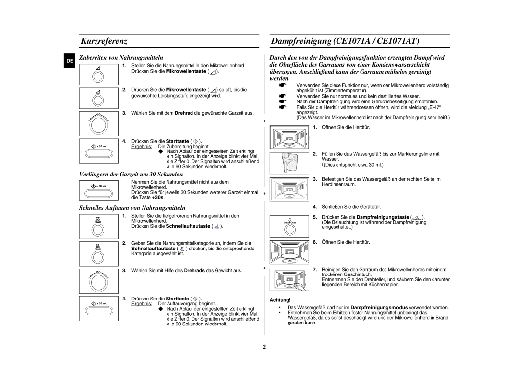 Samsung CE1071AT/XAG manual Kurzreferenz Dampfreinigung CE1071A / CE1071AT, Achtung 