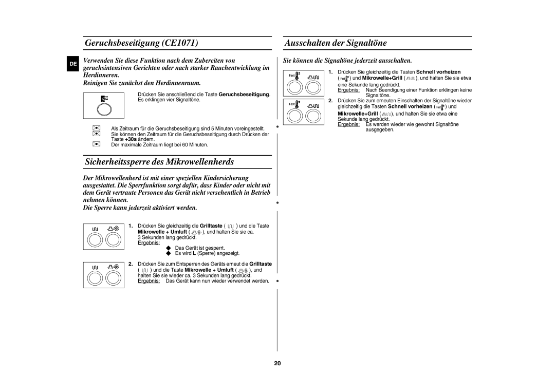 Samsung CE1071AT/XAG manual Geruchsbeseitigung CE1071 Ausschalten der Signaltöne, Sicherheitssperre des Mikrowellenherds 