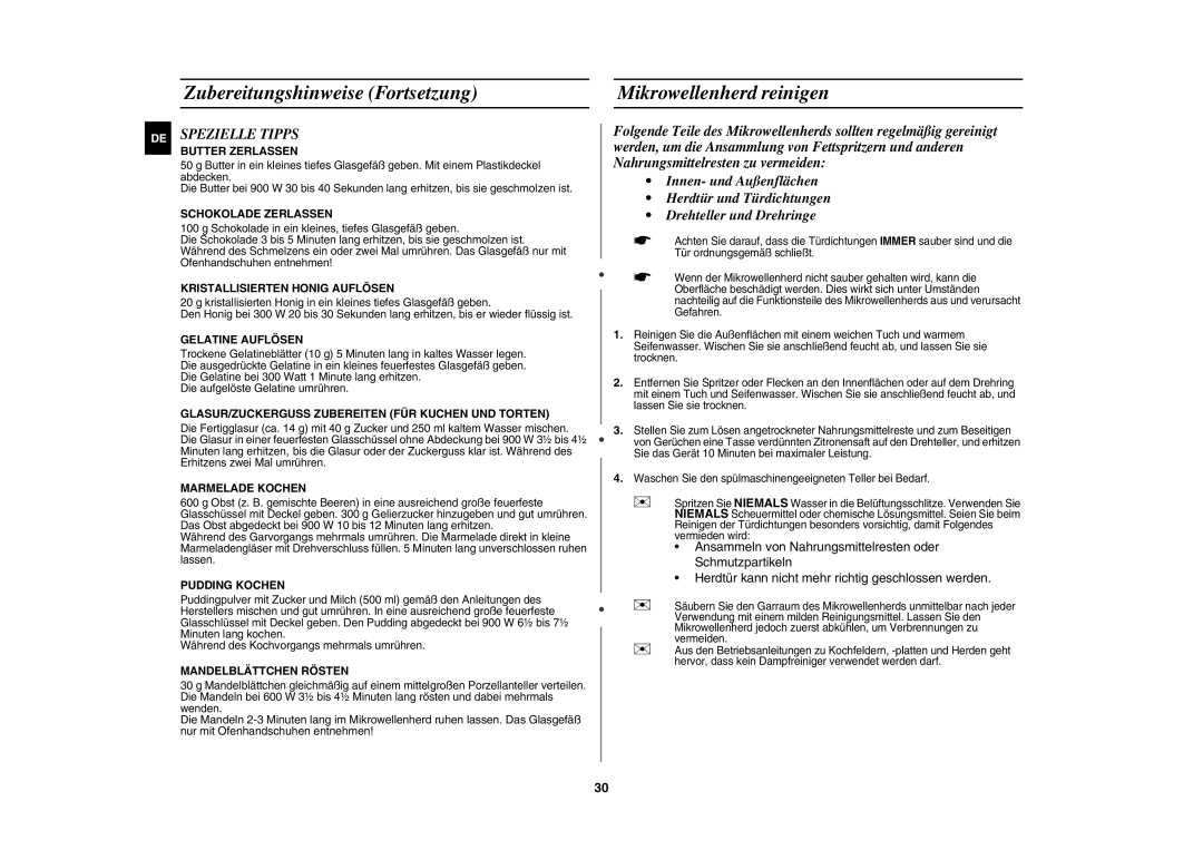 Samsung CE1071AT/XAG manual Zubereitungshinweise Fortsetzung Mikrowellenherd reinigen, Spezielle Tipps 