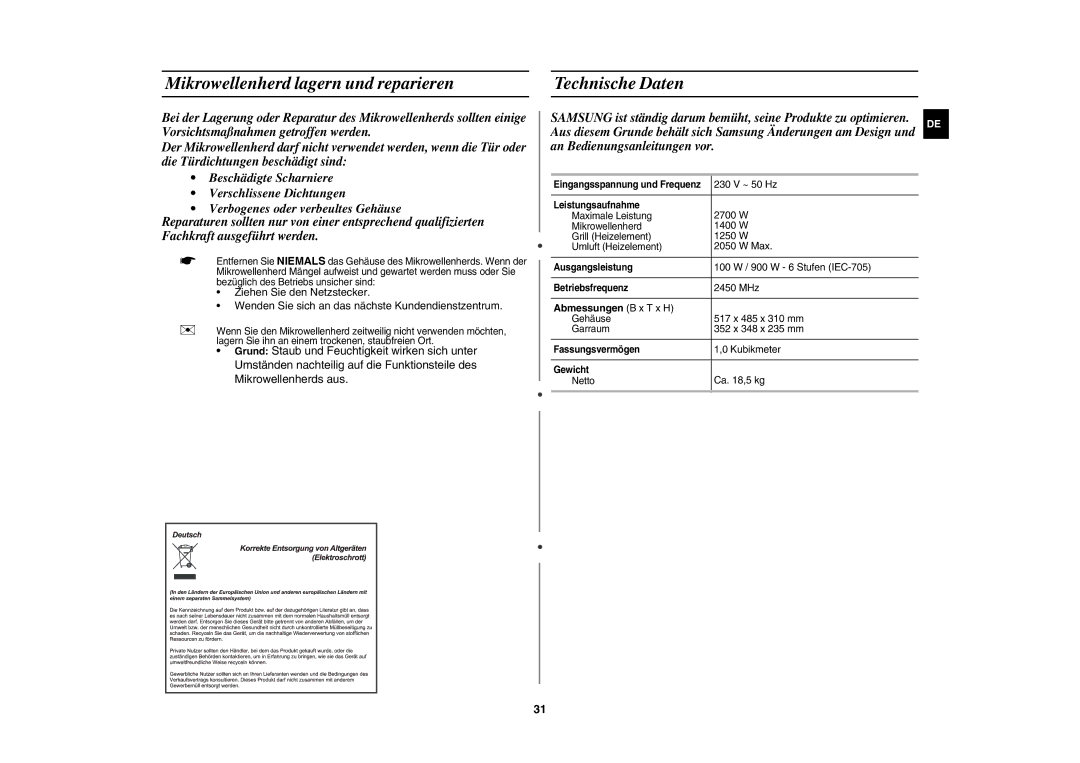 Samsung CE1071AT/XAG manual Mikrowellenherd lagern und reparieren, Technische Daten, Abmessungen B x T x H 