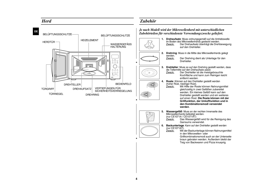 Samsung CE1071AT/XAG manual Herd Zubehör, Den Kombinationsmodi verwendet, Werden 